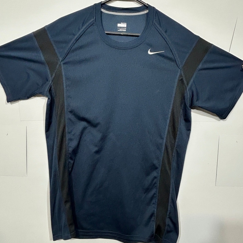 Nike Fit Dry Athletic Shirt Large Navy Blue Black Side Panel Training Tee